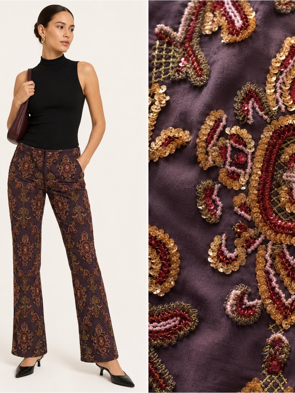 Nicole Miller Silk Beaded Sequin Pants Straight Leg Size 6 NWT